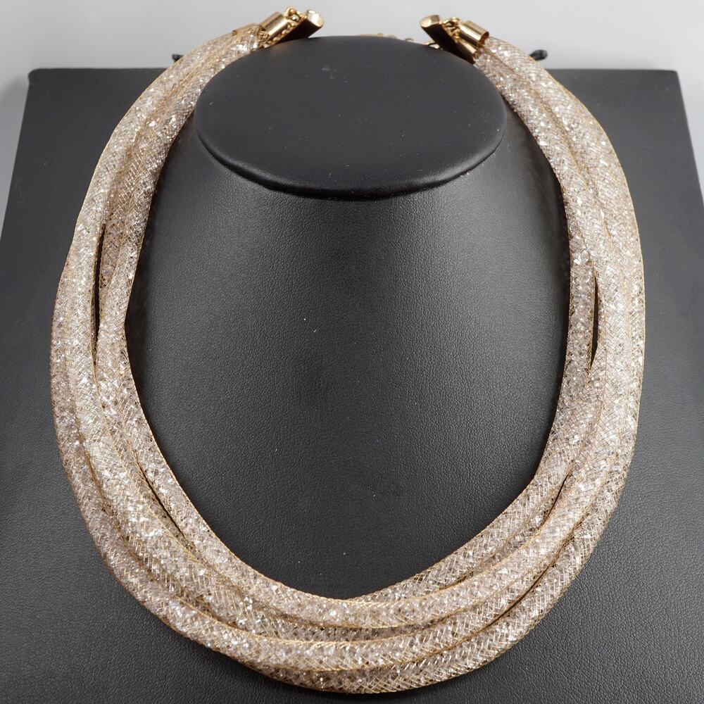 Layered Multi Strand Crystal-Filled Mesh Tube Necklace Beige Gold-Tone 18-20 in